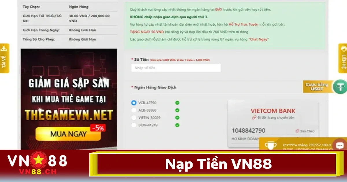 Nạp Tiền VN88 Nhanh Tiện Lợi Qua Nhiều Kênh Hỗ Trợ 3 Nạp tiền qua ví điện tử tại VN88 thường có thời gian xử lý tức thì, chỉ trong vài giây là tiền đã vào tài khoản và sẵn sàng để chơi.
